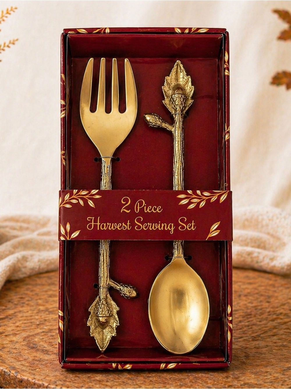Harvest Serving Set 2 Piece Gold Tone Utensil Spoon‎ & Fork Large
